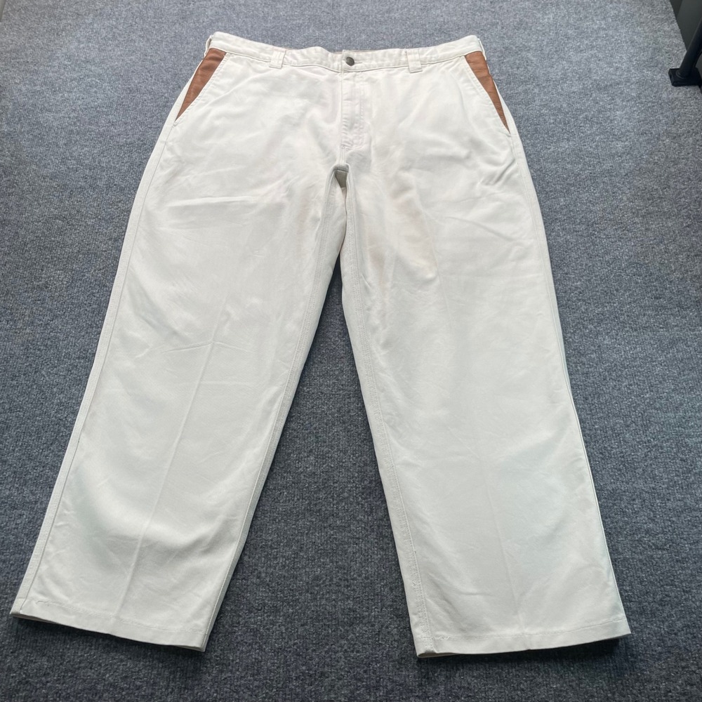 Orvis Zambezi Twill Pants Mens 38 Cream Brown Leather Trim Outdoor Straight Leg